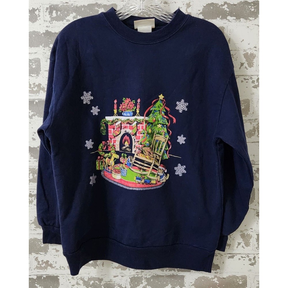 Basic Editions Women's Size Medium Christmas Granny Sweatshirt Crew Neck Navy